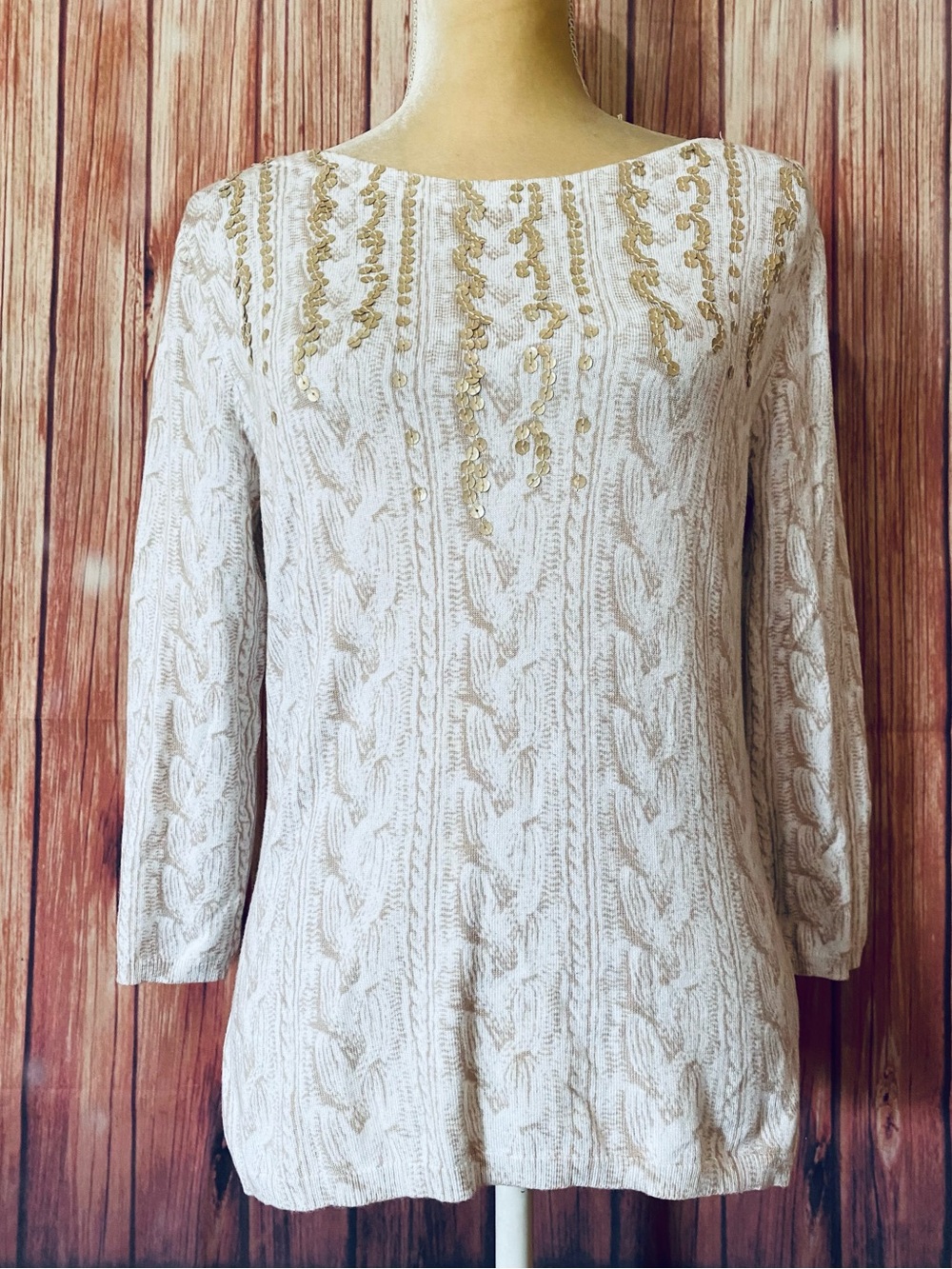 Women’s Petite Large Knit Top Ivory & Tan Ruby Rd Gold Sequin 3/4 Sleeves Soft